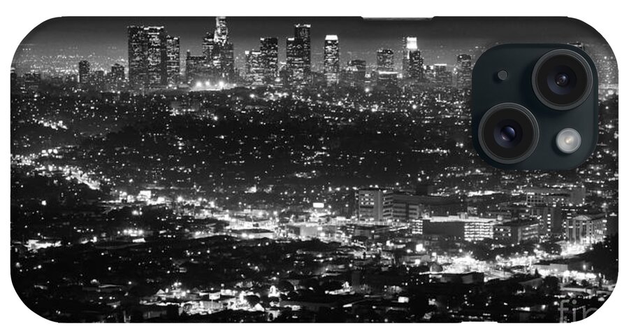 Los Angeles iPhone Case featuring the photograph Los Angeles Skyline at Night Monochrome by Bob Christopher