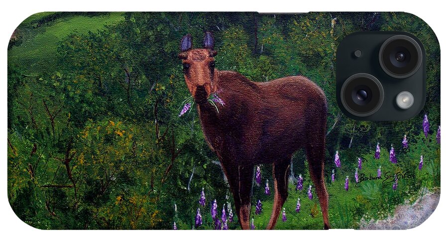 Barbara Griffin iPhone Case featuring the painting Lupine Loving Moose by Barbara A Griffin