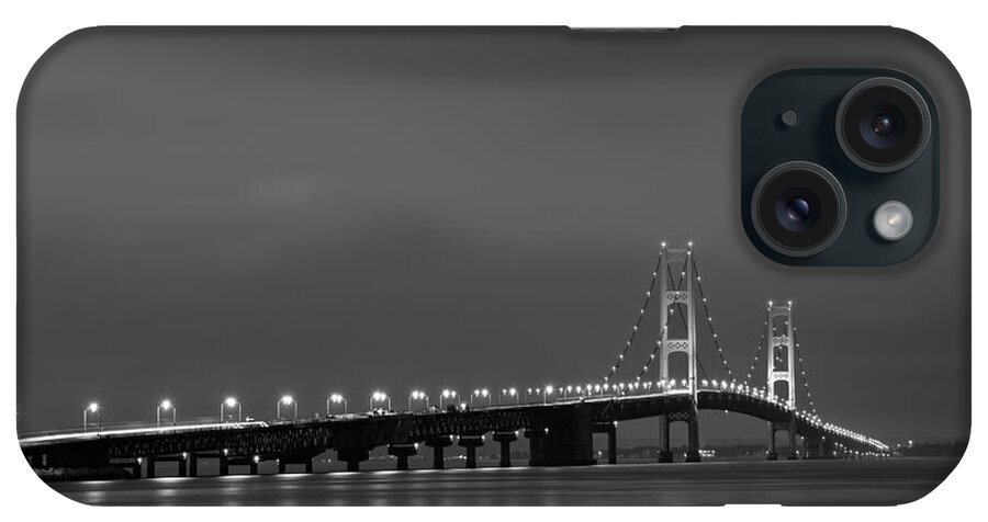 Dusk iPhone Case featuring the photograph Mackinac Bridge Black and White by Sebastian Musial