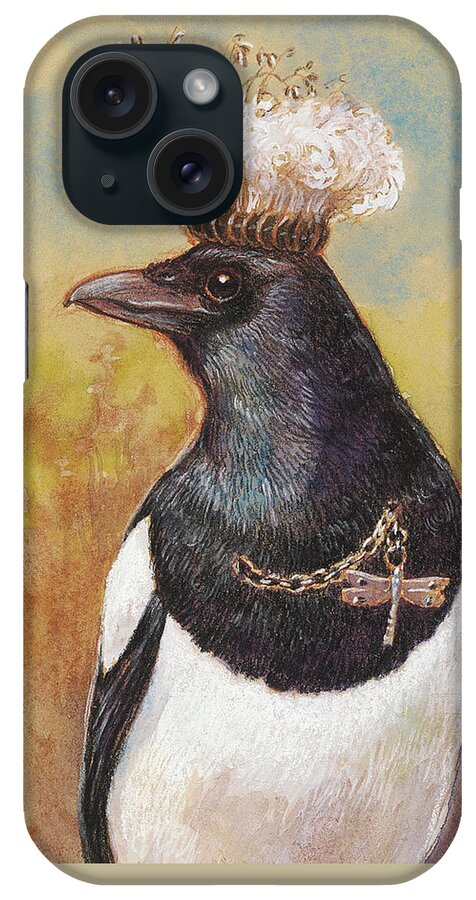 Bird iPhone Case featuring the mixed media Magpie in a Milkweed Crown by Tracie Thompson