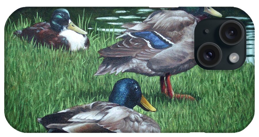 Mallard iPhone Case featuring the painting Mallards On River Bank by Martin Davey