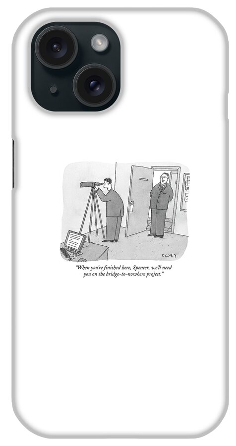 Man Stares At Wall With Telescope iPhone Case