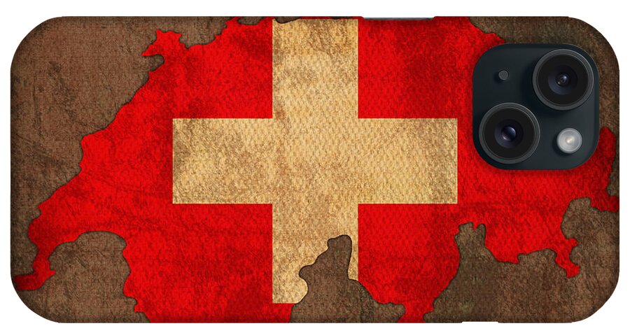 Map Of Switzerland With Flag Art On Distressed Worn Canvas iPhone Case featuring the mixed media Map of Switzerland With Flag Art on Distressed Worn Canvas by Design Turnpike