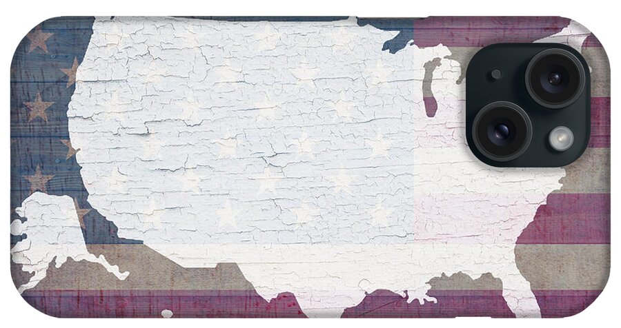 Map Of United States iPhone Case featuring the mixed media Map of United States in White Old Paint on American Flag Barn Wood by Design Turnpike