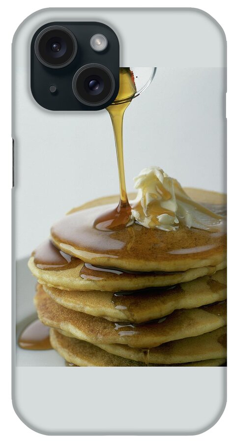 Maple Syrup Being Poured Onto A Stack Of Pancakes iPhone Case
