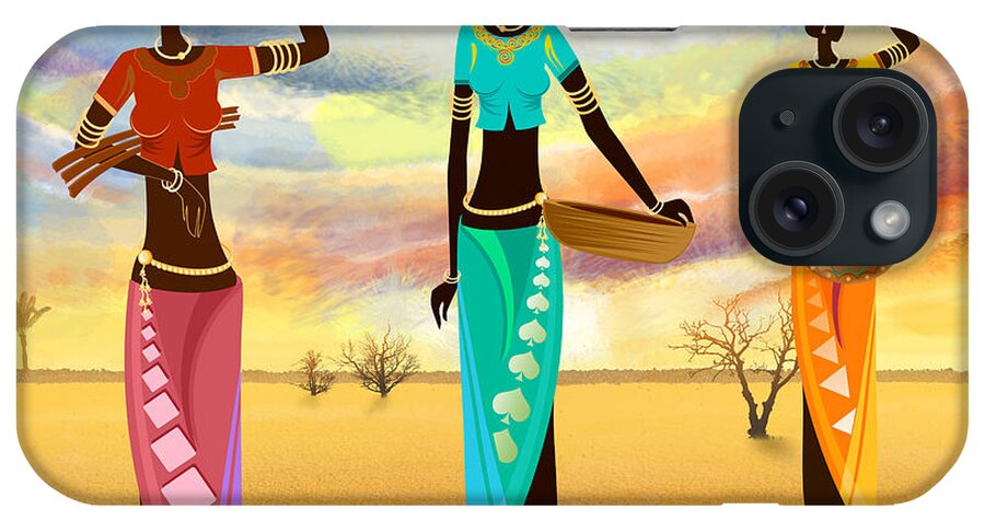 Masai iPhone Case featuring the digital art Masai Women Quest For Grains by Peter Awax