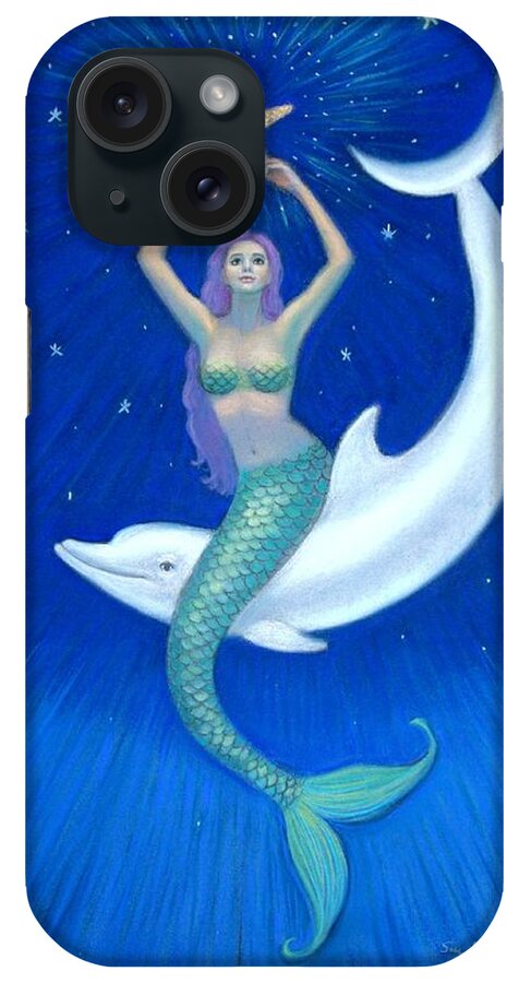 Mermaid Art iPhone Case featuring the painting Mermaids- Dolphin Moon Mermaid by Sue Halstenberg