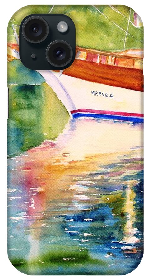 Sailboat iPhone Case featuring the painting Merve II gulet yacht Reflections by Carlin Blahnik CarlinArtWatercolor
