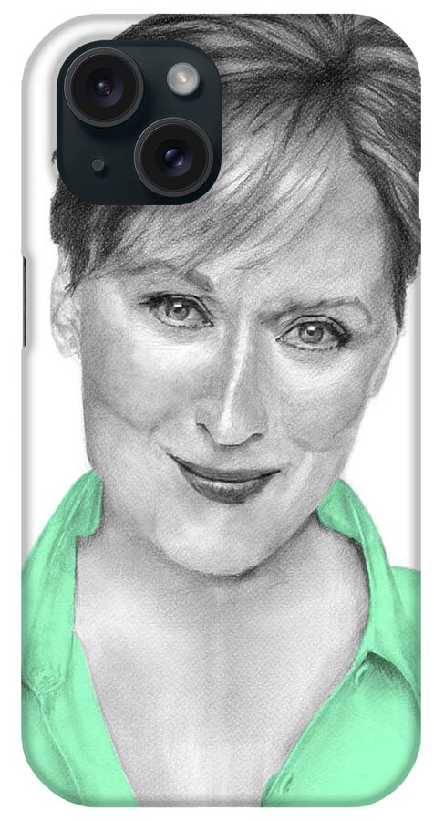 Meryl Streep iPhone Case featuring the drawing Meryl Streep - Individual Green by Alexander Gilbert