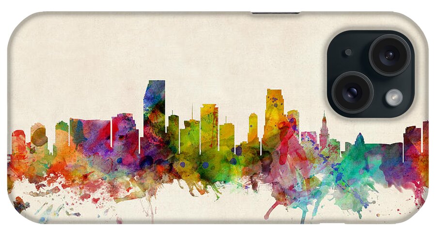 Watercolour iPhone Case featuring the digital art Miami Florida Skyline by Michael Tompsett