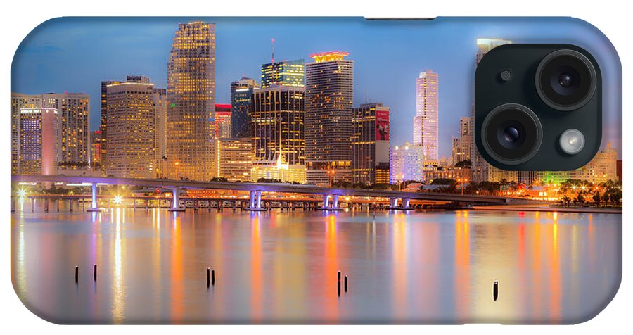 Miami Skyline iPhone Case featuring the photograph Miami Skyline On A Still Night- Soft Focus by Rene Triay FineArt Photos