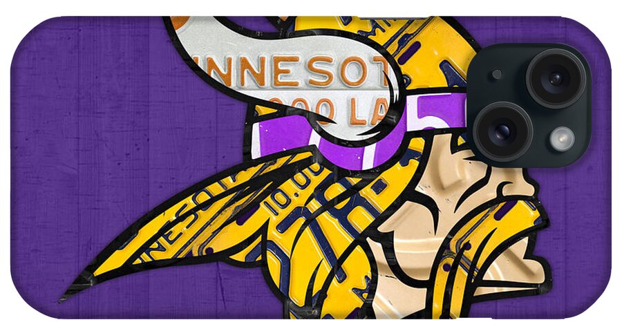 Minnesota Vikings iPhone Case featuring the mixed media Minnesota Vikings Football Team Retro Logo Minnesota License Plate Art by Design Turnpike