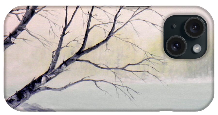 River Mist Morning Snow Trees Forest Cottonwoods Branches Fir Sky Yellow Green Blue White Grey Black Sun Clouds Light Shadow iPhone Case featuring the painting Misty River by Ida Eriksen