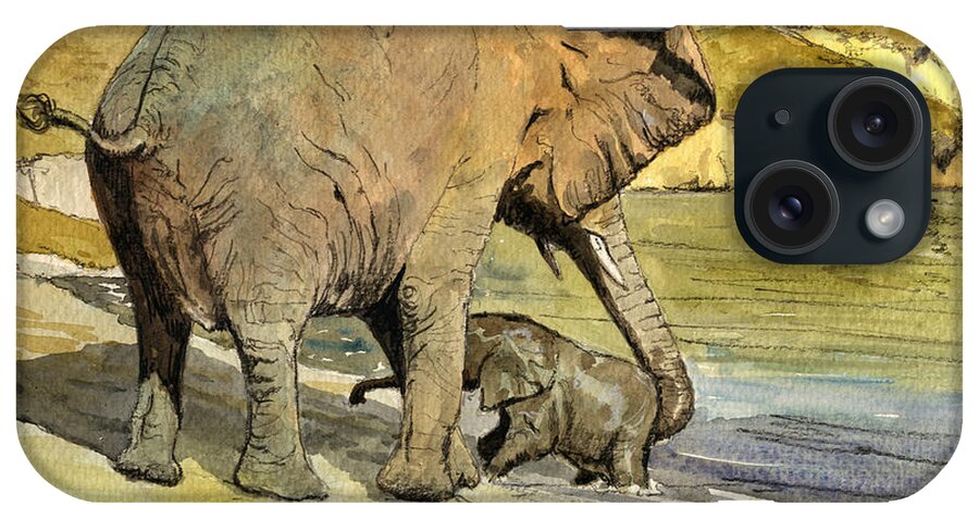 Elephant iPhone Case featuring the painting Mom and cub elephants having a bath by Juan Bosco