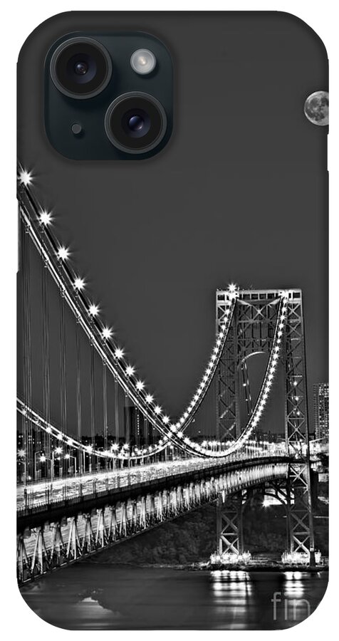 George Washington Bridge iPhone Case featuring the photograph Moon Rise over the George Washington Bridge BW by Susan Candelario