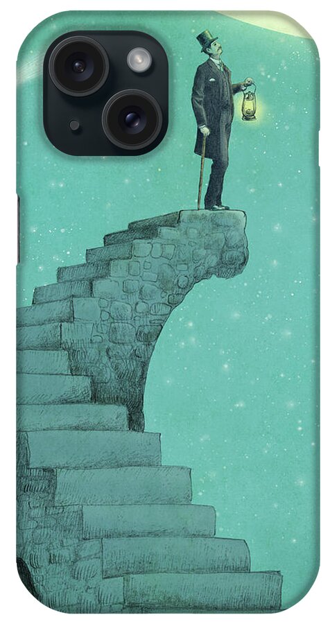 Moon Vintage Victorian Blue Green Stars Comet Top Hat Steps Staircase Astronomy Surreal Whimsical Dream iPhone Case featuring the drawing Moon Steps by Eric Fan