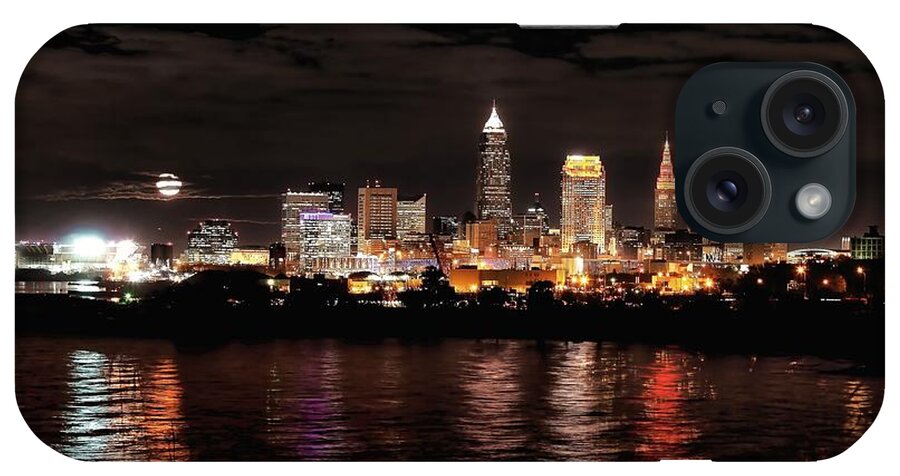 Beaver Moon iPhone Case featuring the photograph Moonrise over Cleveland Skyline by Daniel Behm