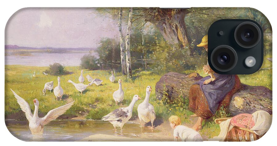 Knitting iPhone Case featuring the painting Mother And Child With Geese by Adolf Ernst Meissner