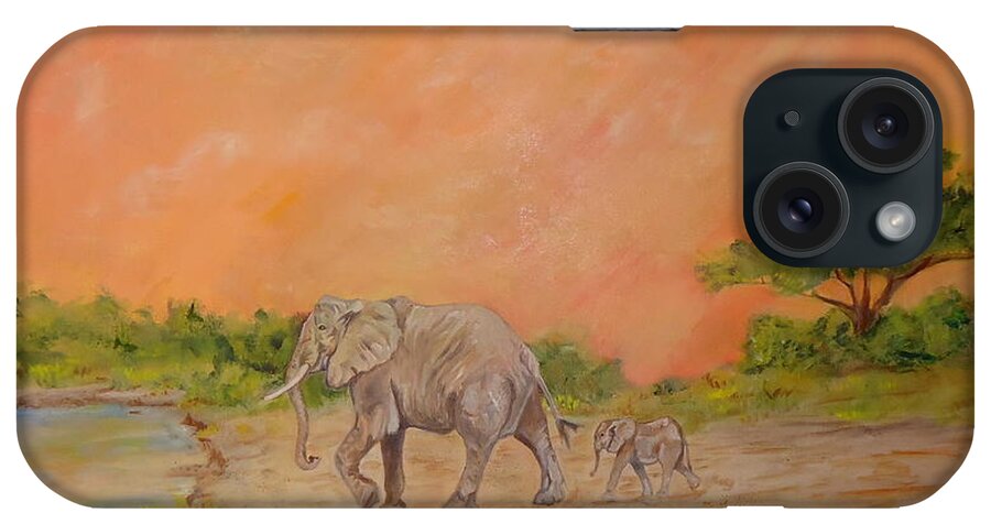 During The Beautiful Sunset iPhone Case featuring the painting Mother Elephant Leads Baby to Water by Charme Curtin