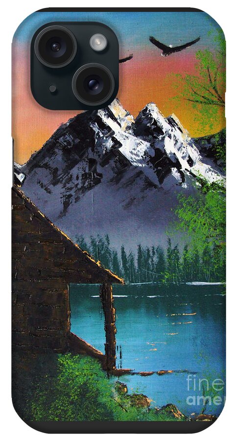 Oil On Canvas iPhone Case featuring the painting Mountain Lake Cabin w Eagles by Marianne NANA Betts