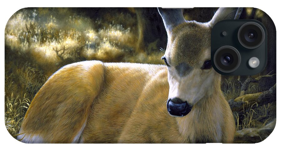 Deer iPhone Case featuring the painting Mule Deer Fawn - A Quiet Place by Crista Forest