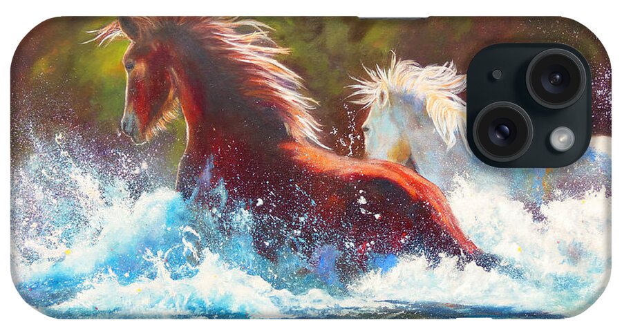  Mustang Splash Painting iPhone Case featuring the painting Mustang Splash by Karen Kennedy Chatham