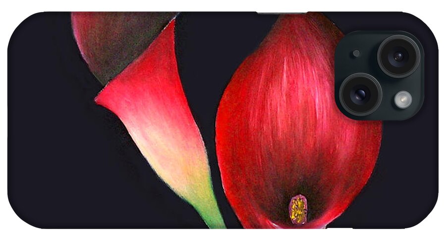 Red Calla Lillies iPhone Case featuring the painting Mystic Calla Lillies by Mary Gaines