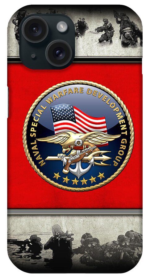 'military Insignia & Heraldry - Nswc' Collection By Serge Averbukh iPhone Case featuring the digital art Naval Special Warfare Development Group - D E V G R U - Emblem over Navy S E A Ls Collage by Serge Averbukh