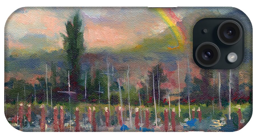Rainbow iPhone Case featuring the painting New Covenant - rainbow over marina by Talya Johnson