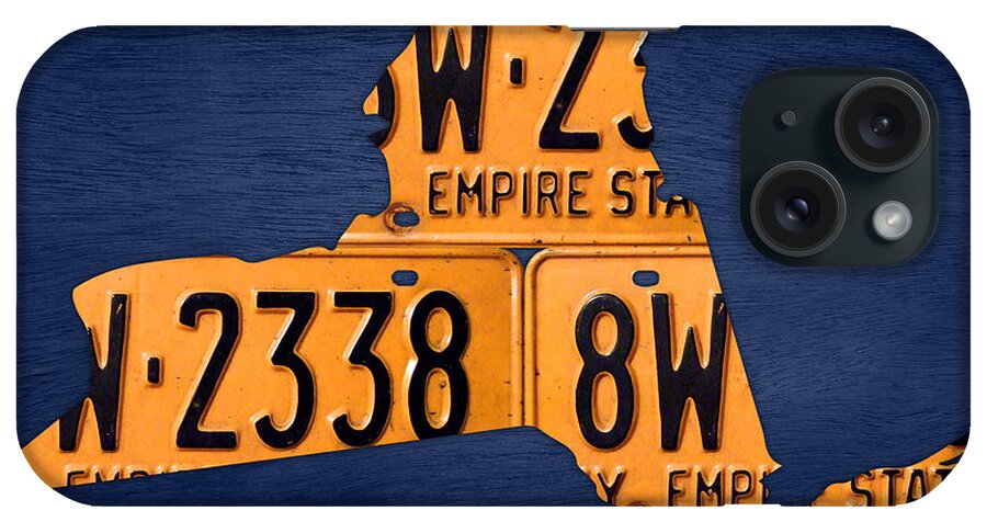 New York iPhone Case featuring the mixed media New York State License Plate Map by Design Turnpike