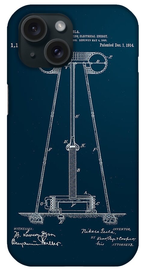 Wright iPhone Case featuring the digital art Nikola Tesla's Transmitter Patent 1914 by Paulette B Wright