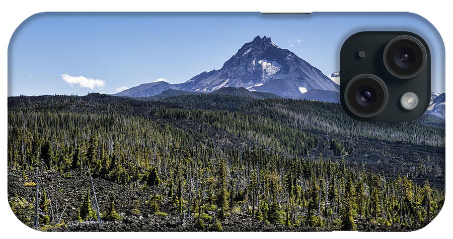 Lava Field iPhone Case featuring the photograph North and Middle Sister and the Lava Fields by Belinda Greb