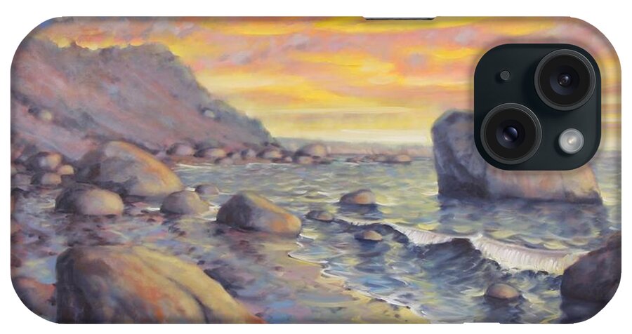 This Is A Seascape Painting Of The Sun Setting Over A North Fork Beach iPhone Case featuring the painting North Fork Sunset by Gary M Long