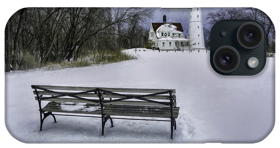 Lighthouse; Light House; Architecture; Beacon; Winter; Snow; Overcast; Cloudy; Cold; White; Tower; Keeper; House; Milwaukee; Lake Michigan; Structure; Building; Midwest; Shore; Nautical; Light Station; Coast; Frozen; Ice; Fine Art Photography; Scott Norris Photography; Bench; Sit; Rest; Park Bench; Wooden Bench iPhone Case featuring the photograph North Point Lighthouse and Bench by Scott Norris
