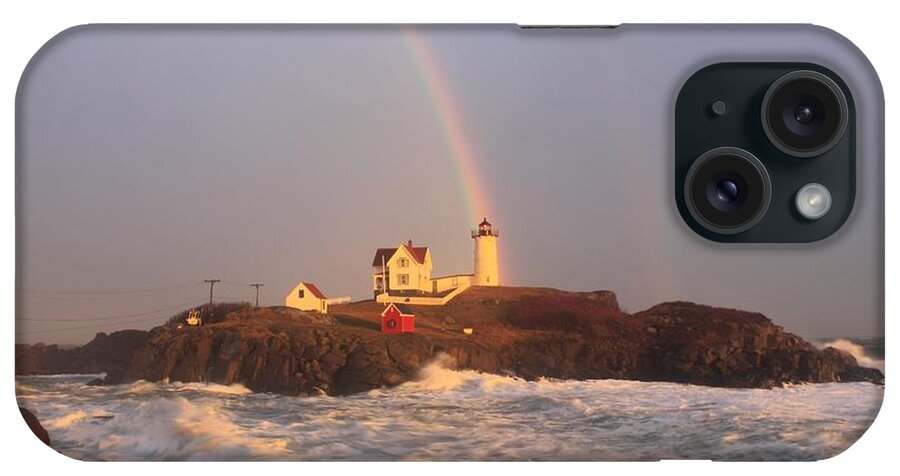 Lighthouse iPhone Case featuring the photograph Nubble Lighthouse Rainbow and High Surf by John Burk