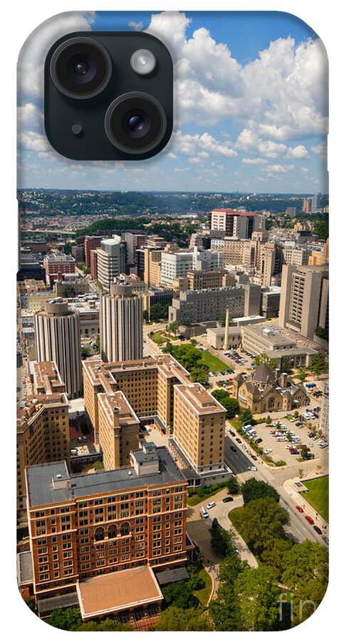 Aerial View iPhone Case featuring the photograph Oakland Pitt Campus with city of PIttsburgh in the Distance by Amy Cicconi