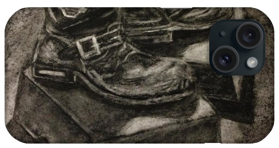 Charcoal iPhone Case featuring the drawing Old Harley Boots by Brigitte Emme