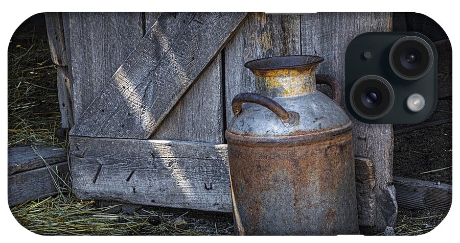 Creamery Can iPhone Case featuring the photograph Old Prairie Homestead Vintage Creamery Can by the barn door by Randall Nyhof