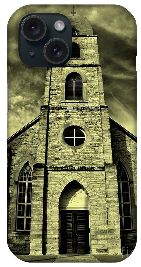 Michael Tidwell Photography iPhone Case featuring the photograph Old St. Mary's Church in Fredericksburg Texas in Sepia by Michael Tidwell