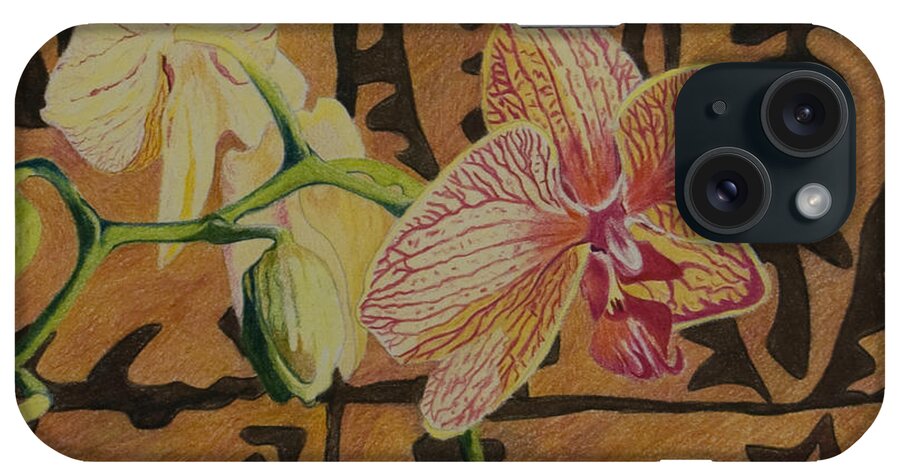 Orchid iPhone Case featuring the drawing Orchid with Tapa by Terry Holliday