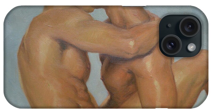 Original iPhone Case featuring the painting Original Man Oil Painting Gay Body Art- Two Male Nude On Canvas by Hongtao Huang