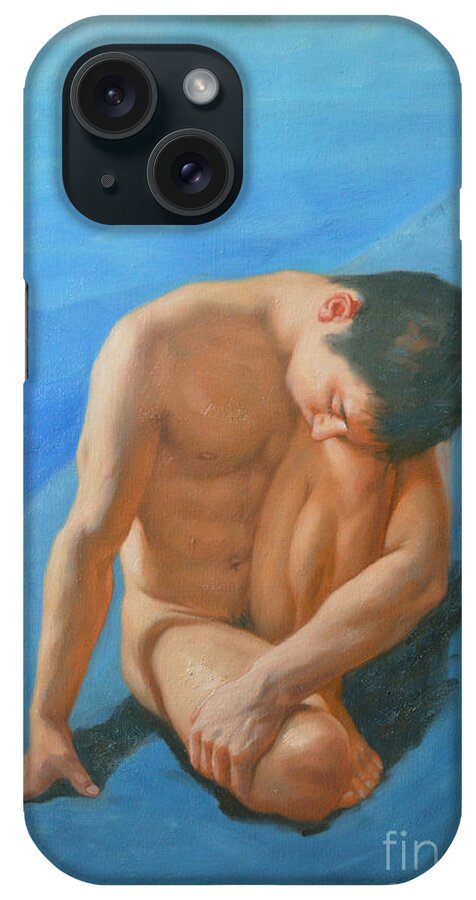 Original iPhone Case featuring the painting Original Oil Painting Man Body Art Male Nudeby The Pool -028 by Hongtao Huang