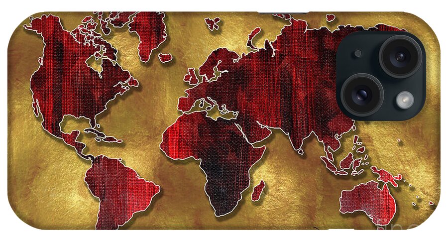 Map iPhone Case featuring the painting Original World Map Design Gold and Vibrant Red Unique Art by Megan Duncanson by Megan Aroon