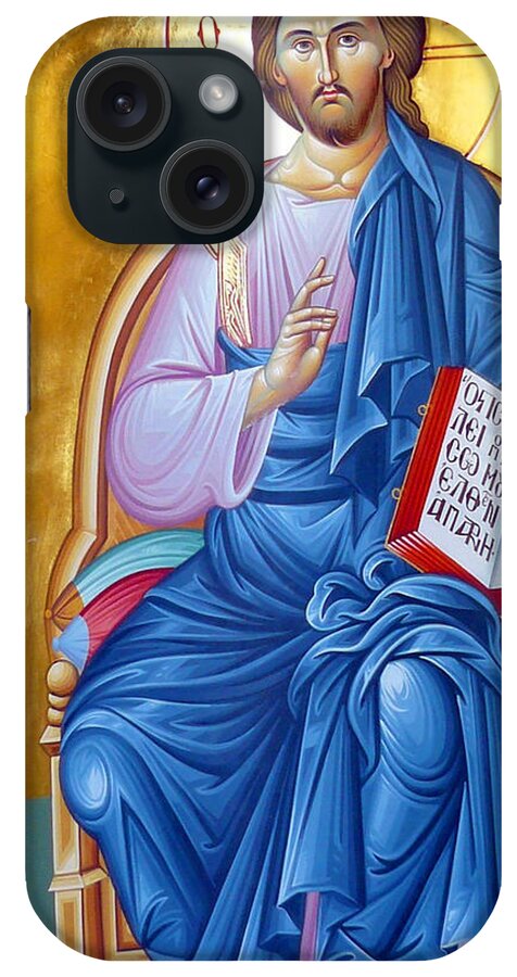 Orthodox iPhone Case featuring the painting Orthodox Icon of Jesus in Blue by Munir Alawi
