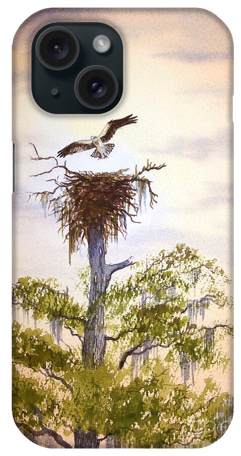 Osprey iPhone Case featuring the painting Osprey Approaching Nest by Bill Holkham