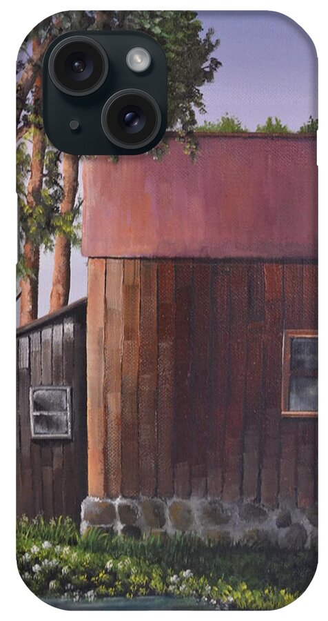 An Old Wooden Brown Barn With A Tin Roof During The Summer Time Near A Pond With Trees. iPhone Case featuring the painting Otis Pond by Martin Schmidt