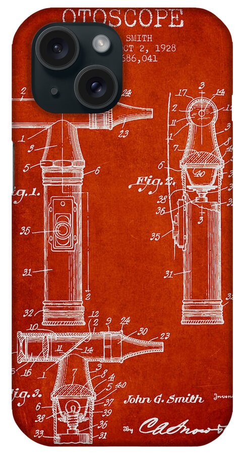 Auriscope iPhone Case featuring the digital art Otoscope patent from 1928- Red by Aged Pixel