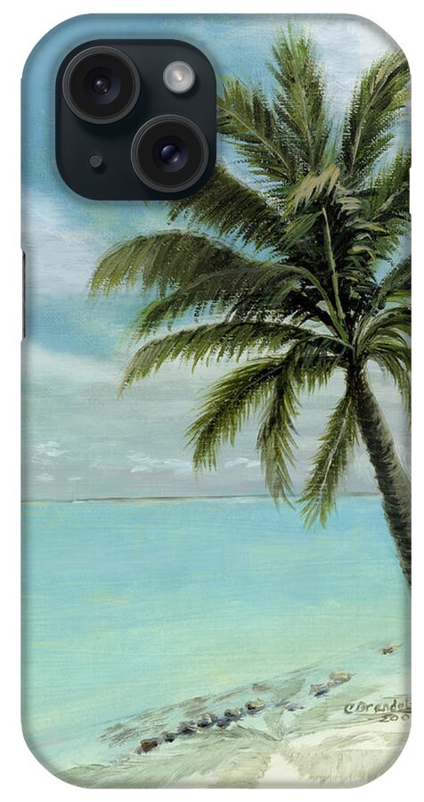 Original Oil On Canvas Cecilia Brendel Palm Tree Ocean Scene Turquoise Waters Cabos Bahamas Florida Keys Hawaii Turks And Caicos Clear Blue Sky Tranquil White Sand Beach Italy Italian iPhone Case featuring the painting Palm Tree Study by Cecilia Brendel