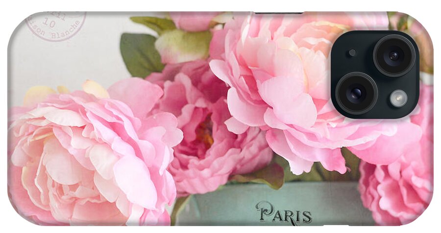 Paris iPhone Case featuring the photograph Paris Peonies Shabby Chic Dreamy Pink Peonies Romantic Cottage Chic Paris Peonies Floral Art by Kathy Fornal