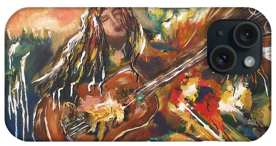 Peaceful Musician Music Guitar Song Peace Singer Abstract Painting Print String Long Hair Play Hair Band Noise Melody Tune Colors Horizon Trees Forest Waterfall Sunset iPhone Case featuring the painting Peaceful Musician by Miroslaw Chelchowski